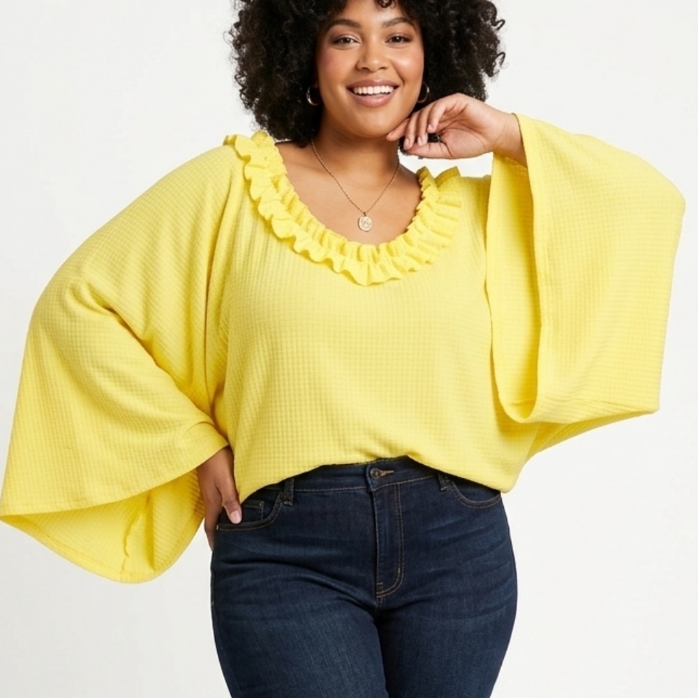 Sunny Ruffle-Trim Tunic Top With Oversized Sleeves - Yellow
